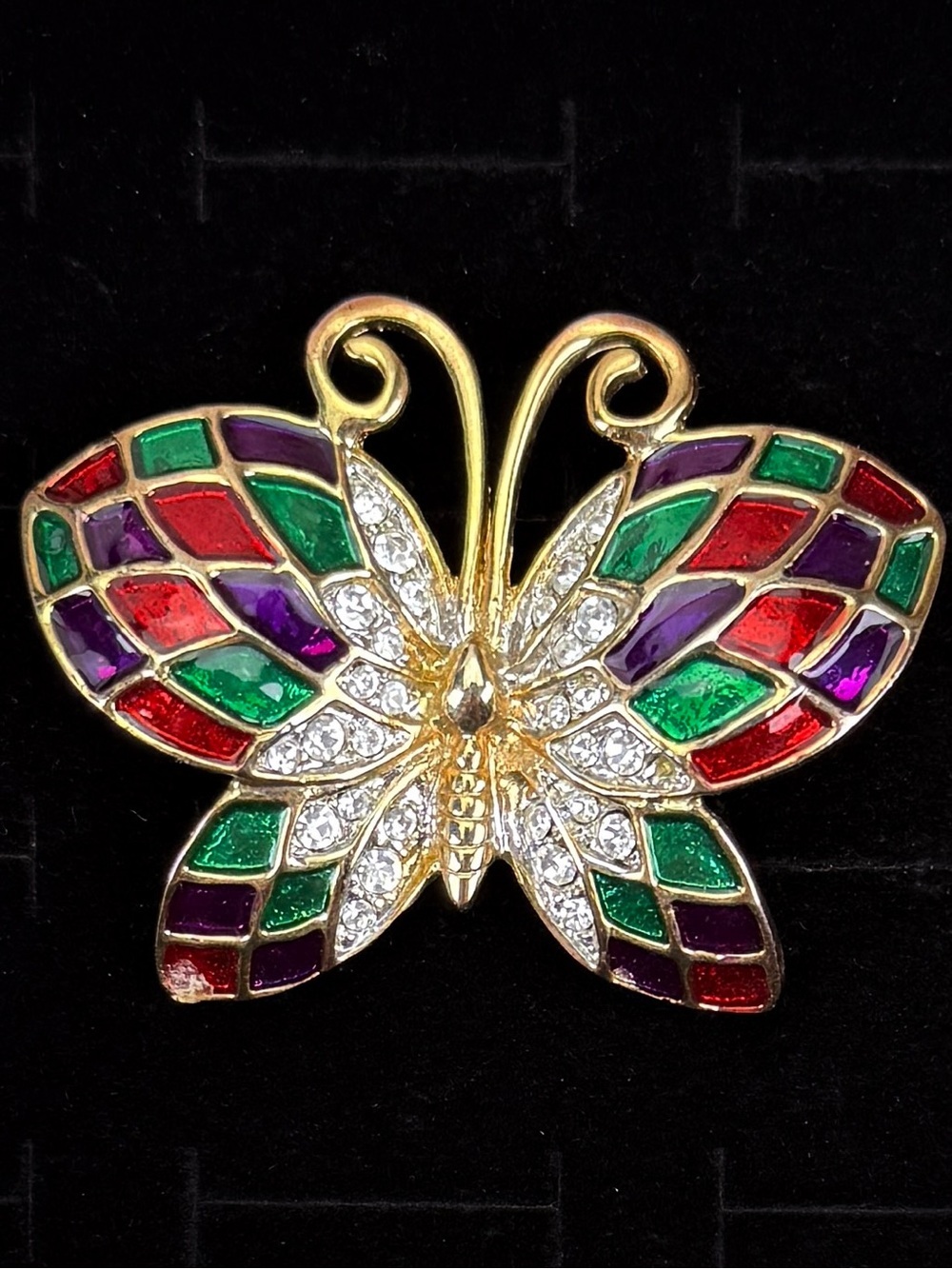 Vintage Enamel Butterfly Brooch Rhinestone Gold Tone Multicolor Pin
